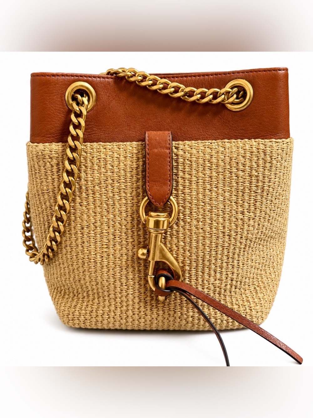 Rebecca Minkoff Edie Straw Bucket Crossbody Bag Antique Brass-Tone Hardware